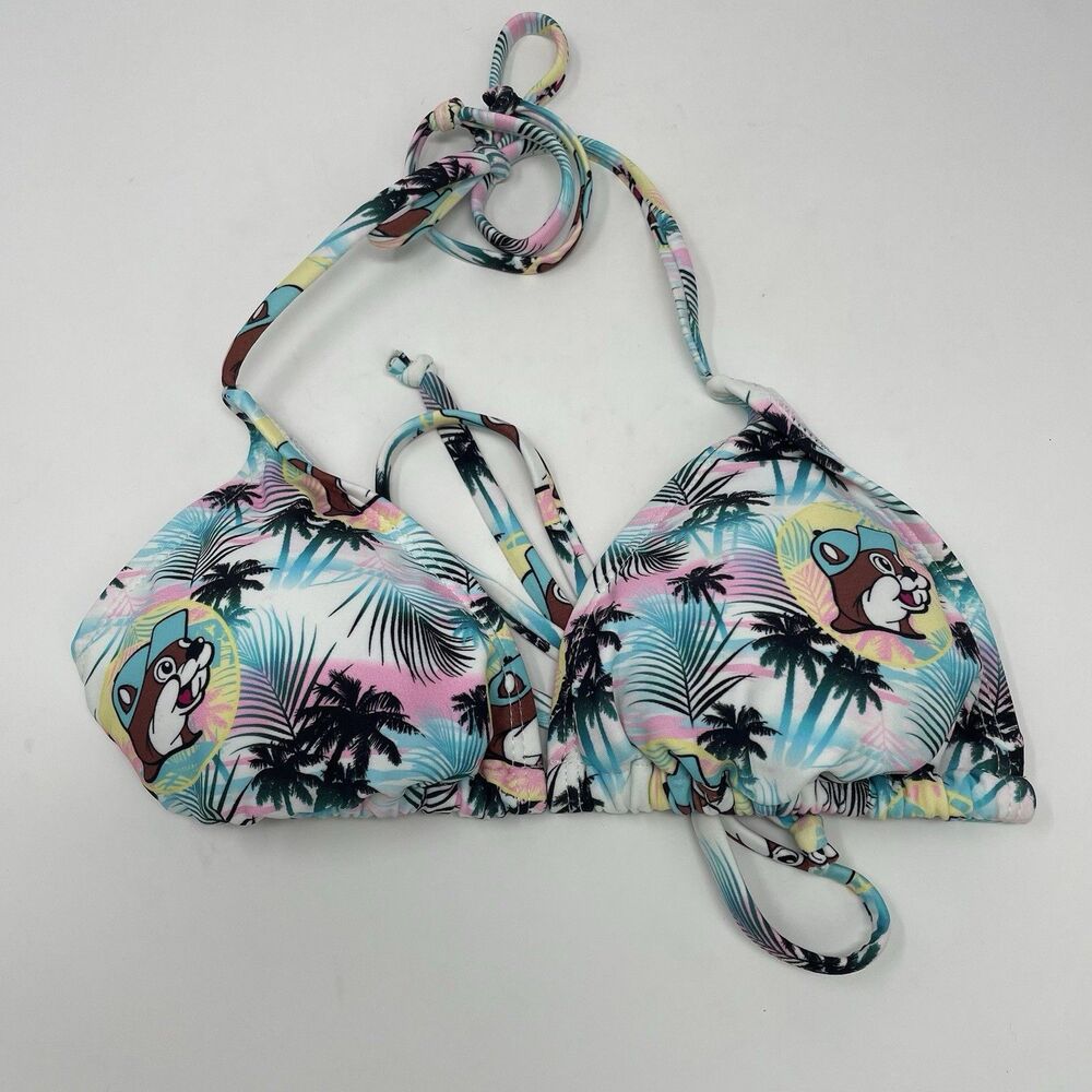 Buc ee's Size S Tropical Palm Tree Print Multicolor Halter Tie Neck Swim Top